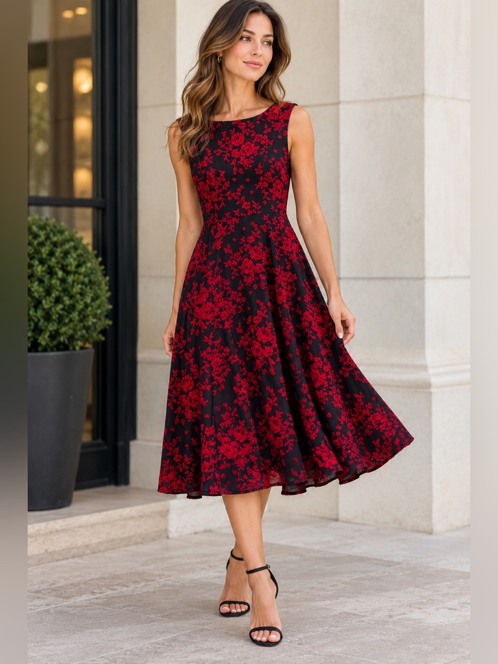 Betsey Johnson Black & Red Floral Sleeveless Fit & Flare Midi Dress 2